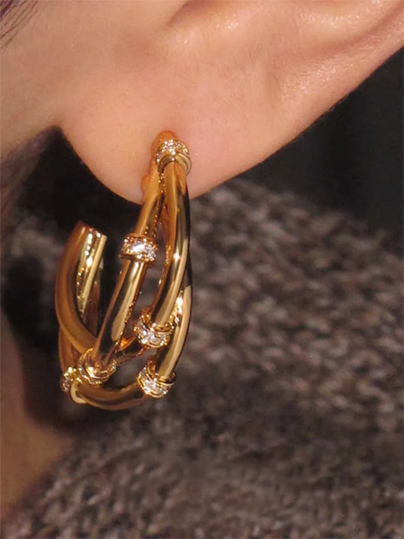 Exquisite Multilayer C Shape  Zircon Bamboo joint Earring Rust Waterproof Anti Allergic Metal Lady Fashion Geometry Everyday Jew