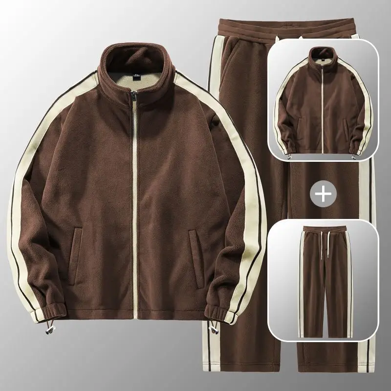 

Velvet Sweater Men's Jackets Pants Suit Fashion Fleece Autumn Winter Stand Collar Plus Thick Overcoat Pant Suit Men Clothes