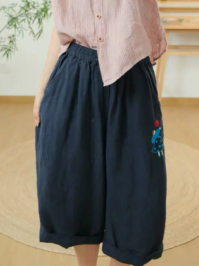 

Casual Summer Wide Leg Pants Drawstring Cartoon Embroidery Loose Fit Seven Inch High Waist Straight Cut Breathable Ladies Tro...