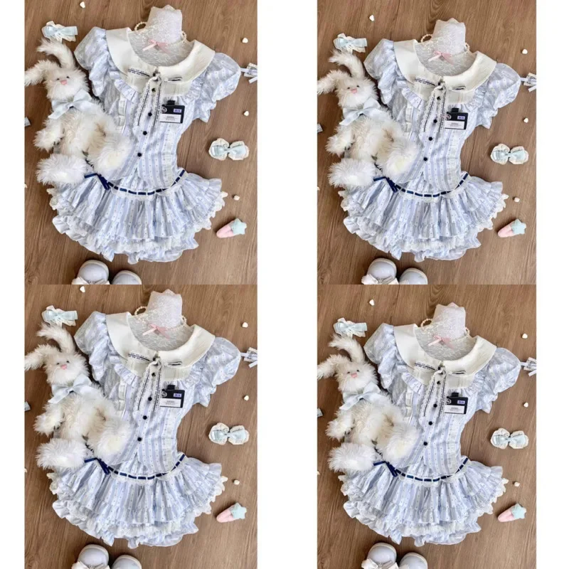 Rayé Y2K esthétique haut à carreaux robes ensemble été japonais mignon petit haut doux moelleux a-ligne jupe t-shirt haut robes ensemble nouveau