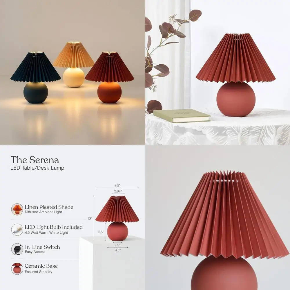 

Компактная настольная лампа с 10 светодиодами и плиссированным абажуром для прикроватной тумбочки, рабочего стола - мягкий белый свет, идеально подходит для гостиной и спальни, цвет бордовый.