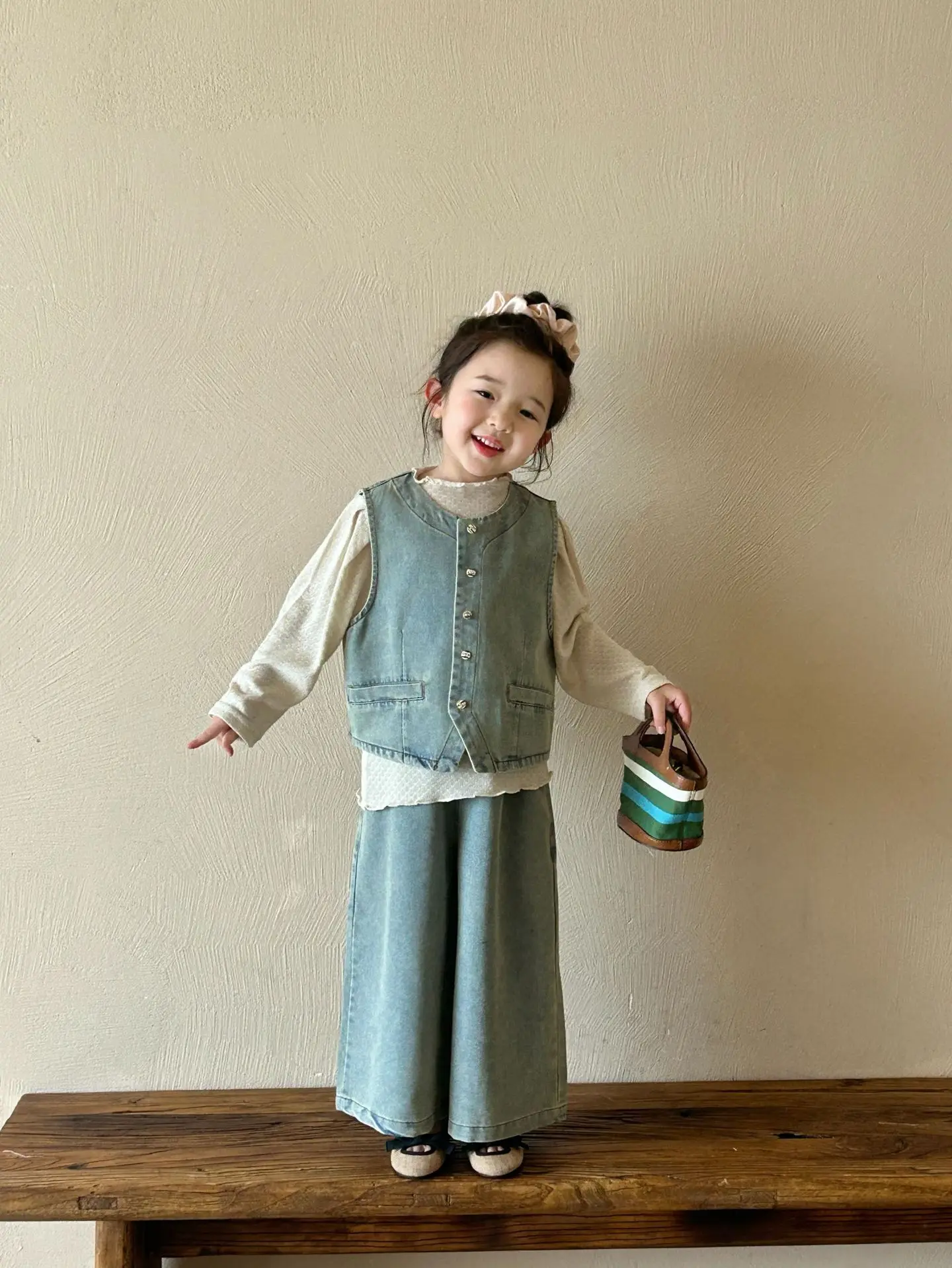 2025 Spring New Korean Children's Clothing Girls' Cowboy Vest Wide Leg Jeans 2-piece Set Baby and Children's Set