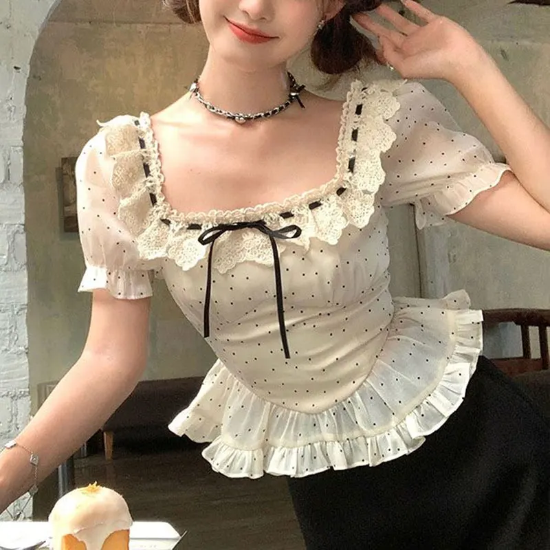 

Elegant Square Collar Slim Blouse Polka Dot Female Clothing Stylish Lace Spliced Drawstring 2024 Summer French Style Waist Shirt