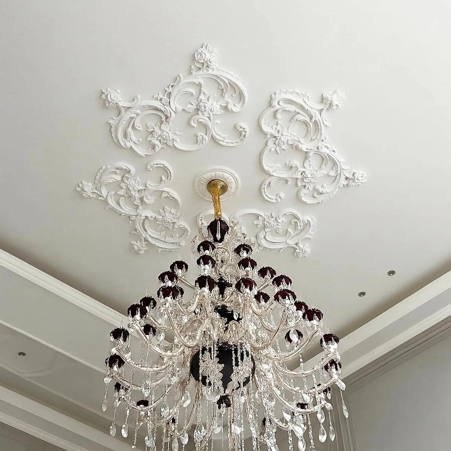 French Rose Floral PU Ceiling Medallion Large Chandelier Light Base Decorative Ceiling Light Cover Panel Home Lighting Ornament
