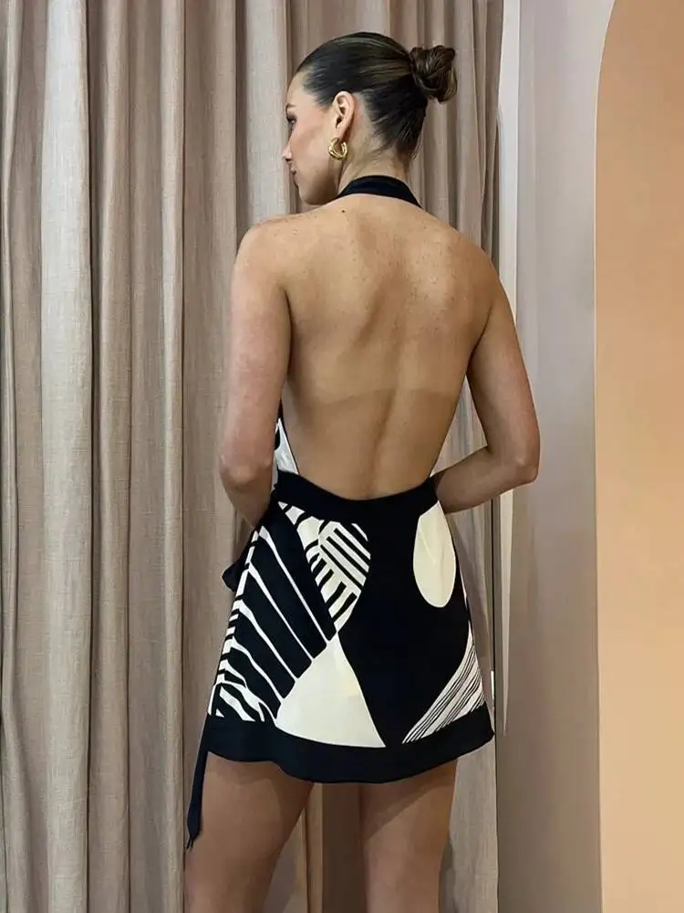Sexy clube impressão a linha vestido feminino moda halter rendas sem costas com decote em v bainha fina sem mangas vestidos robe bodycon 5fjo