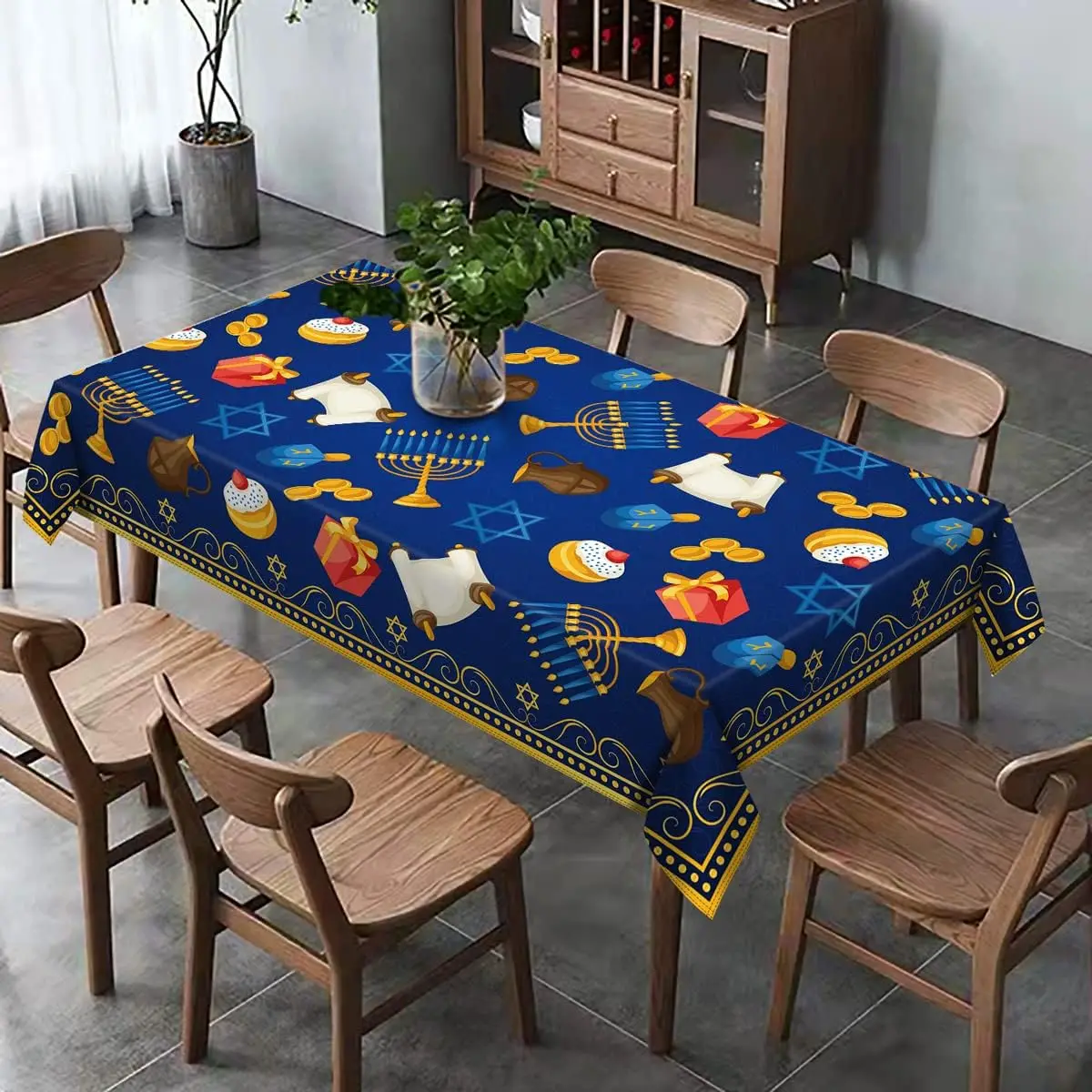 Jewish Hanukkah Menorah Star of David Rectangle Tablecloth Table Decor Waterproof Tablecloth for Table Holiday Party Decorations