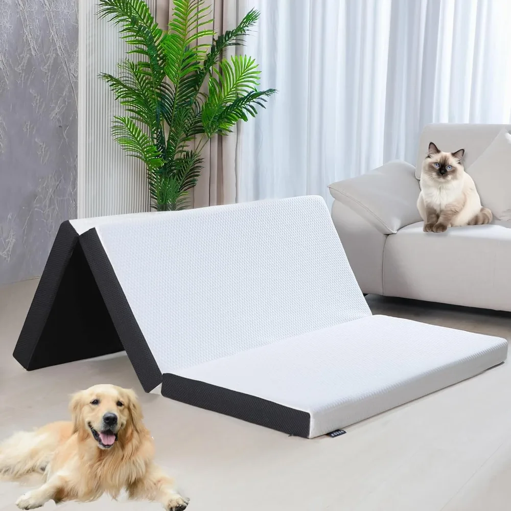 

4 inch twin tri-folding memory foam mattress, portable trifold mattress topper with washable cover, non-slip bottom for camping,