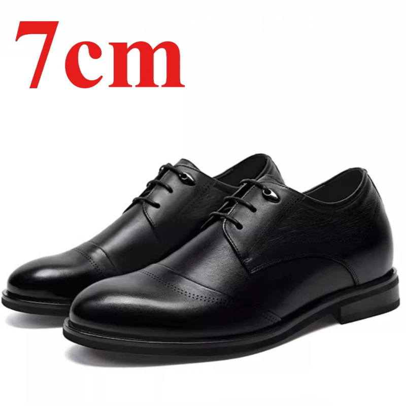 Genuine Leather Engraved Men's Dress Shoes 7 Elevator Breathable Comfortable Inner Height-increasing Shoes Wedding Derby Shoes