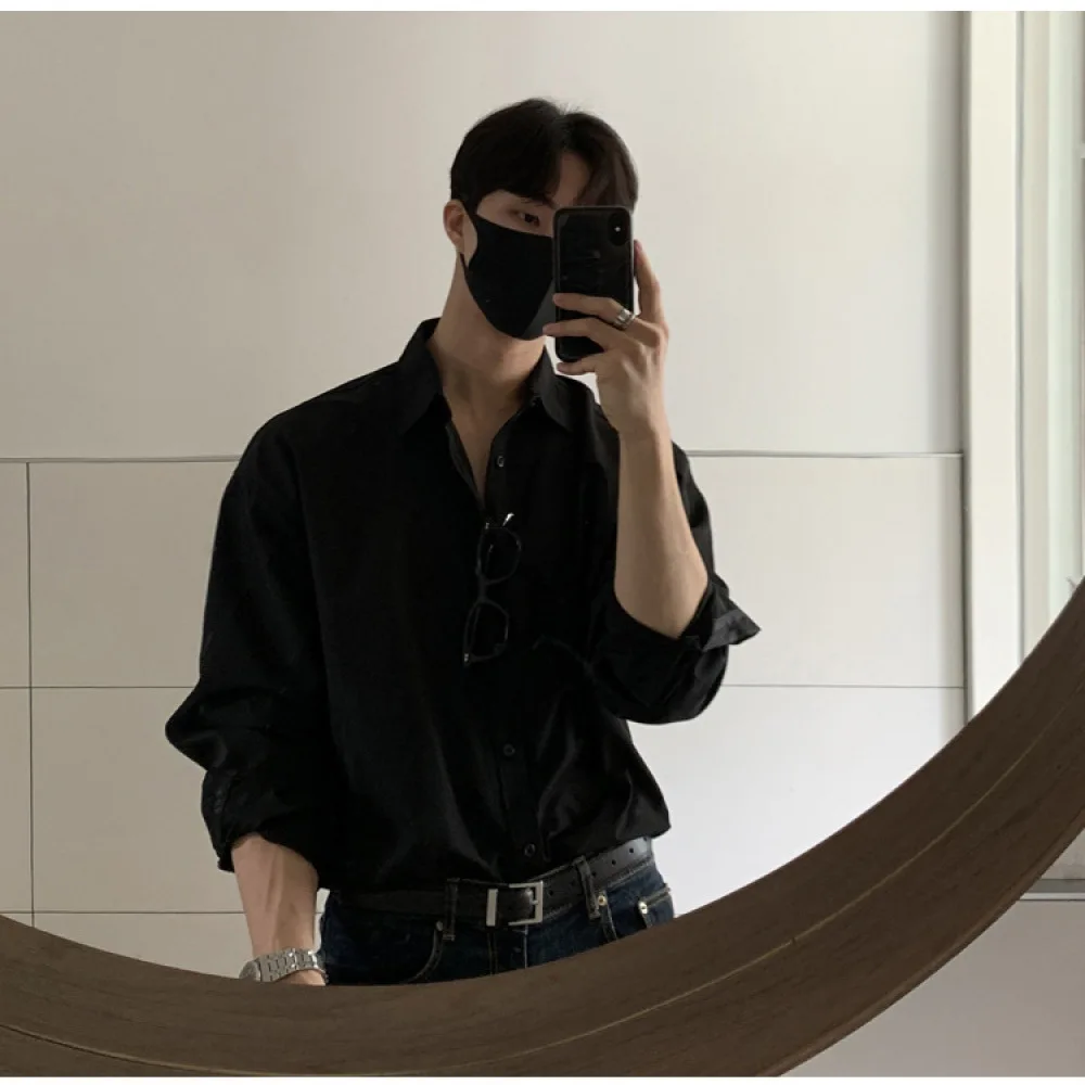 Mens Fashion Long Sleeve Shirt Black Casual Business Style Premium Drape Fabric Soft Thin Breathable Formal Office Wear Basic