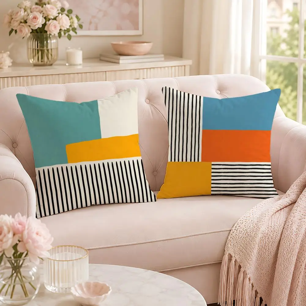 Orange and Blue Geometric Line Cushion Cover Soft Short Plush Pillow Case Double Sided Print Washable Sofa Home Decor Gift