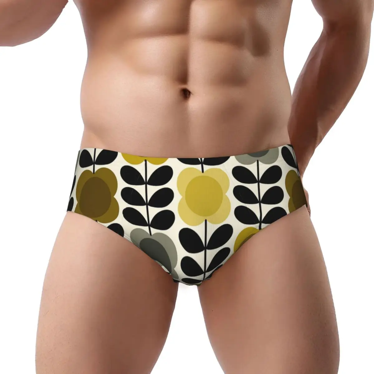 Custom Orla Kiely Yellow Grey Spot Flower Stem Brief Panties for Women Breathable Stretch Underwear