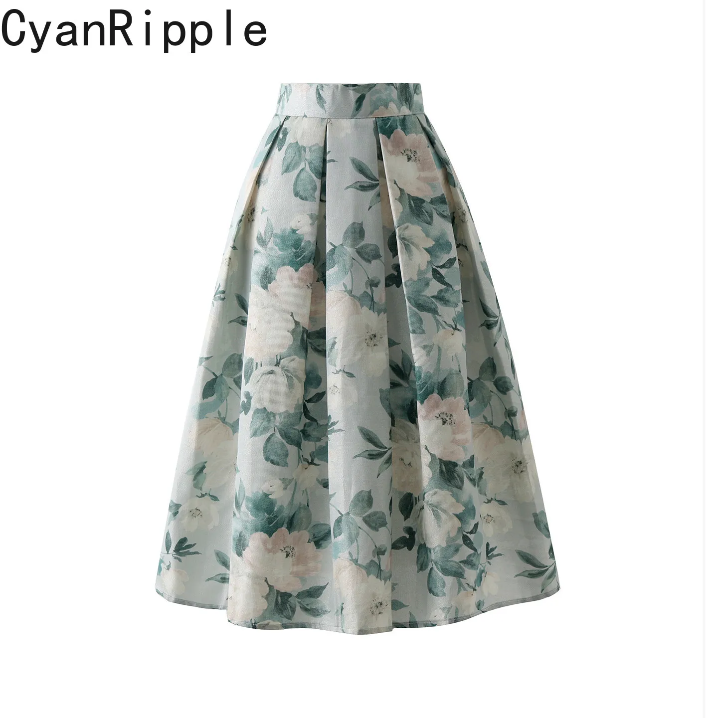 High Quality Vintage Printing Hepburn A-line Skirt All-match Women High Waist Elegant Mid-length Spring Summer Umbrella Skirt