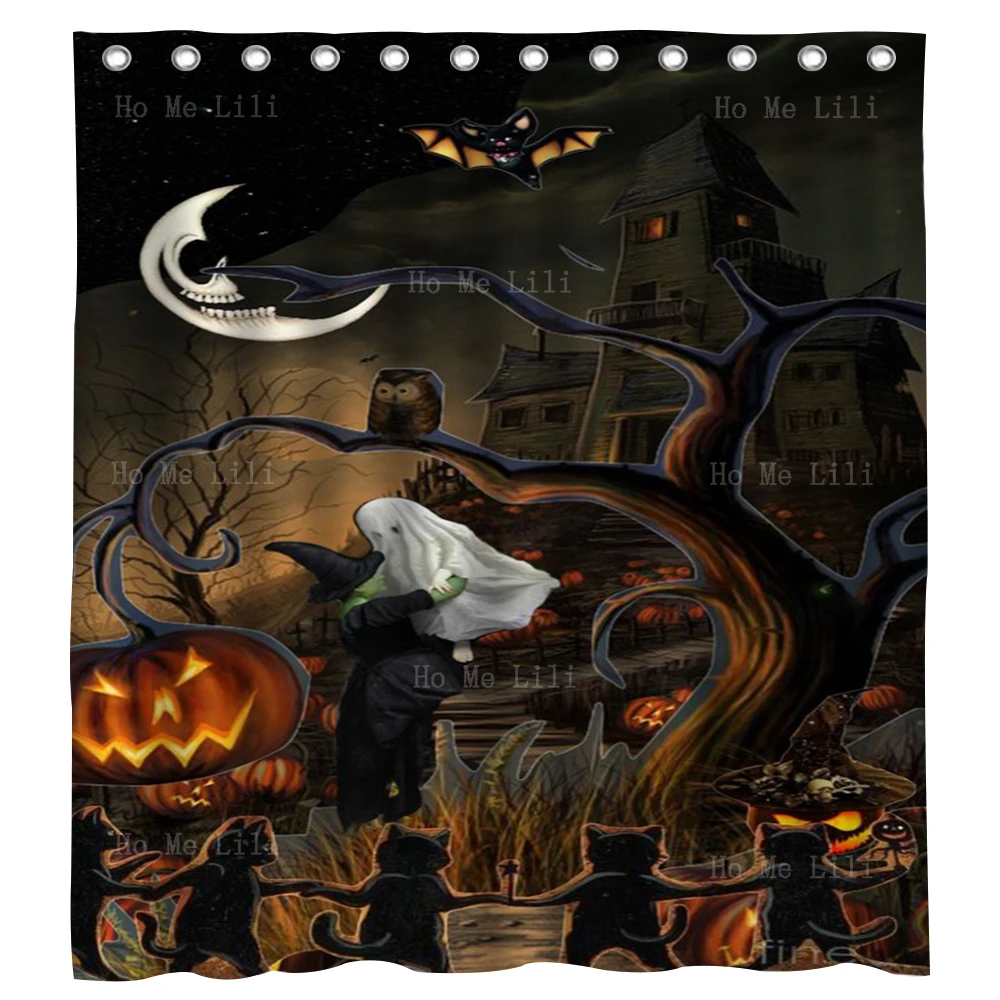 A Group Of Black Cats Dancing Under A Jack-O '-Lantern On A Scary Halloween Night Shower Curtain For Bathroom Decor