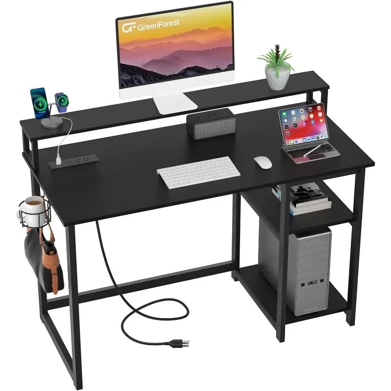 

40 inch Computer Desk with Power Outlets, Small Home Office Desk with Ergonomic Monitor Stand, Laptop Desk, Black