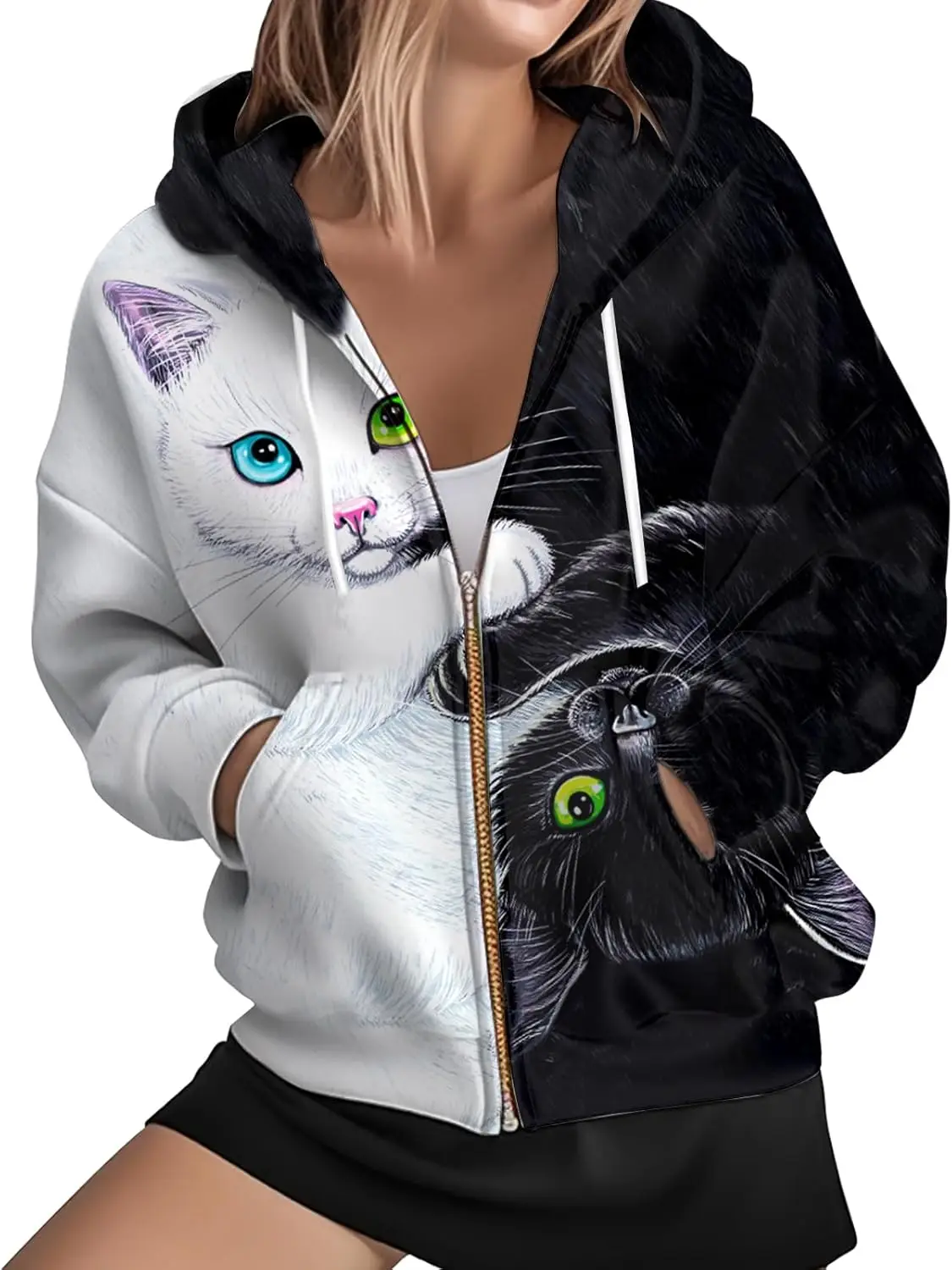 Women's Zip Front Plaid Sweatshirts Print Hoodie Fall Jackets Long Sleeve Casual Drawstring Clothes