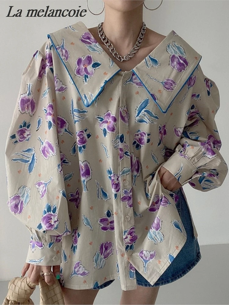 

Flowers Printed Shirts Women Fashion French Retro Front And Back Two Wear Loose Blouse 2024 Spring Office Lady Elegant Chic Tops