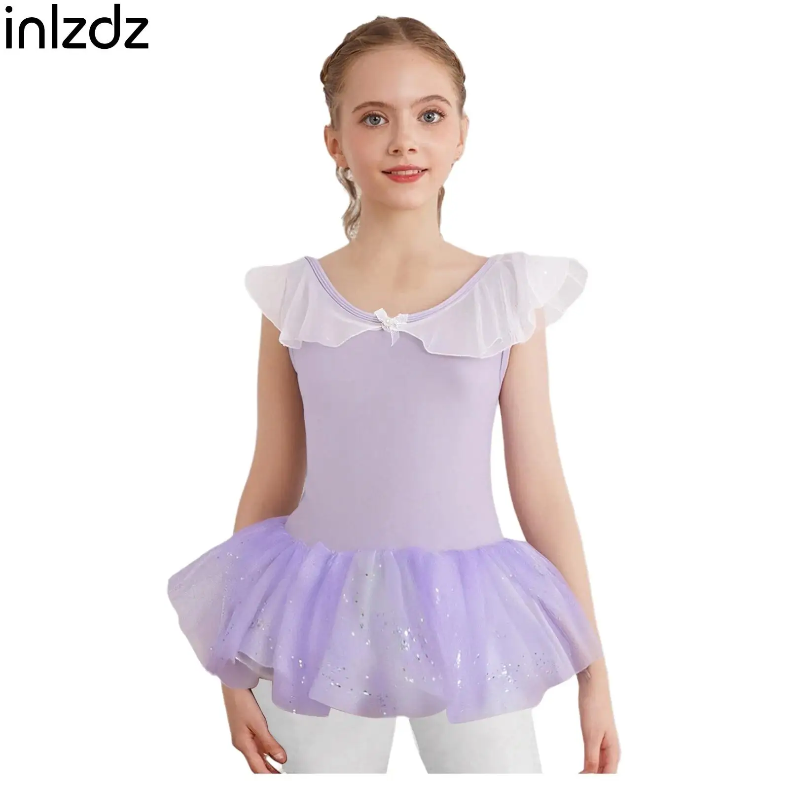 

Kids Girls Ballet Gymnastics Dance Performance Costume Sleeveless Backless Leotard with Shiny Sequins Tulle Tutu Skirt Ballerina
