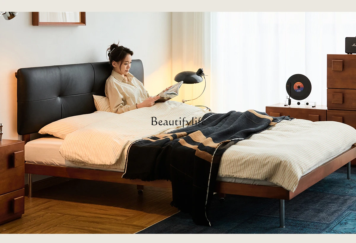 

Black leather bed, Italian minimalist style, solid wood upholstered bed