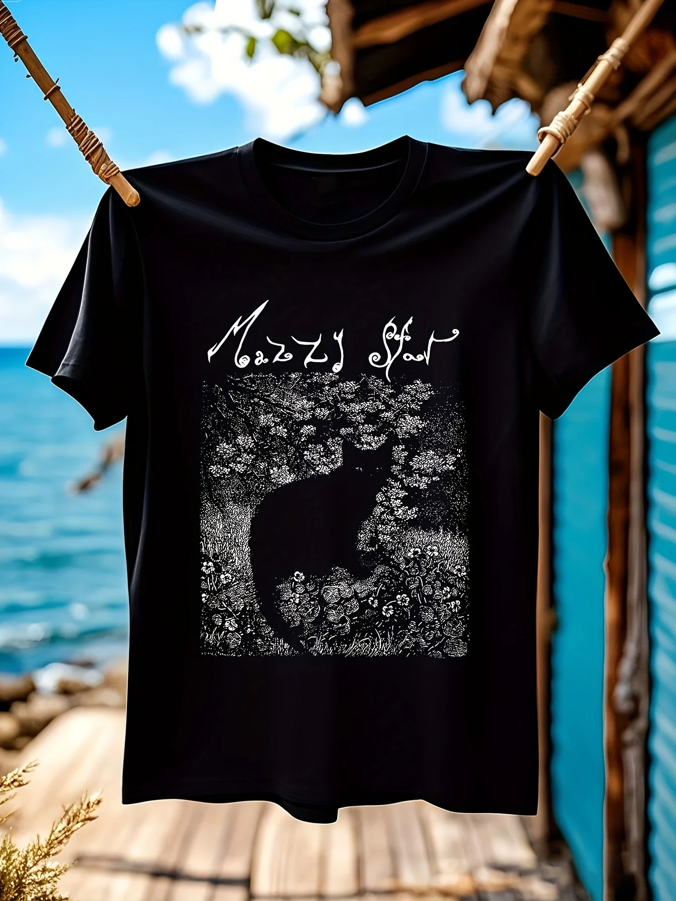 Винтажная мужская черная хлопковая футболка Mazzy Star Cat, белый цветочный принт и кошка, 6XL Винтажная мужская черная хлопковая футболка Mazzy Star Cat, белый цветочный принт и кошка, 6XL