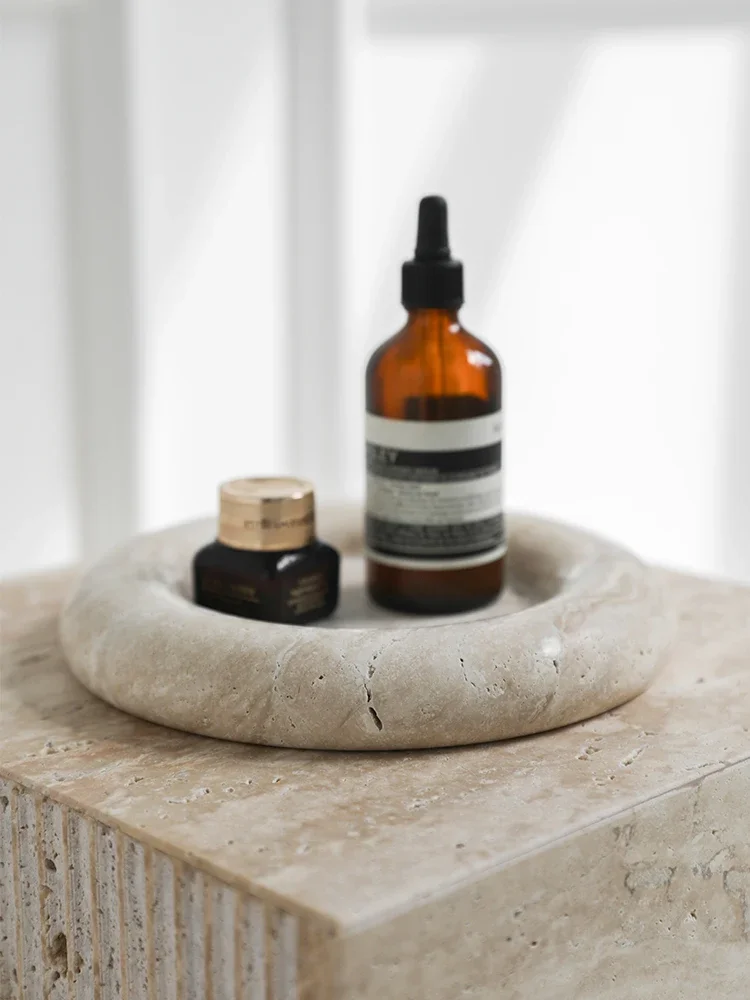 【Natural】Trending Beige Travertine Serving Tray Home Decor Vintage Bathroom Vanity Tray Decorative Round Jewelry Plate