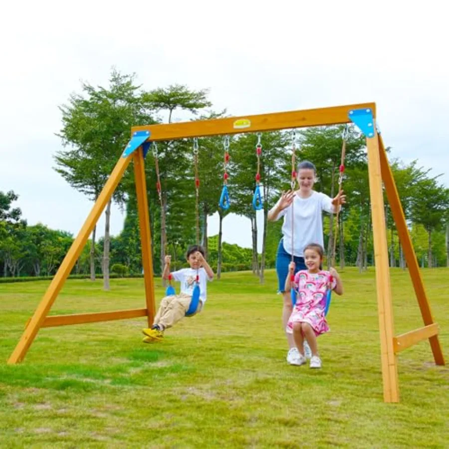 

Wooden Swing Sets for Backyard Toddler Swingset Frame with 2 Belt Swings and Trapeze Swing Rings Ideal for Ages 36 Outdoor Play