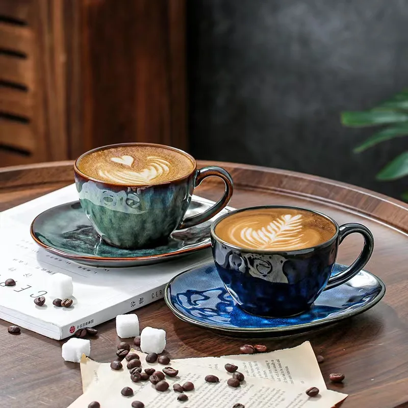 LingAo-Ceramic Coffee Cup and Saucer Set, Vintage Kiln-Action, Starry Sky