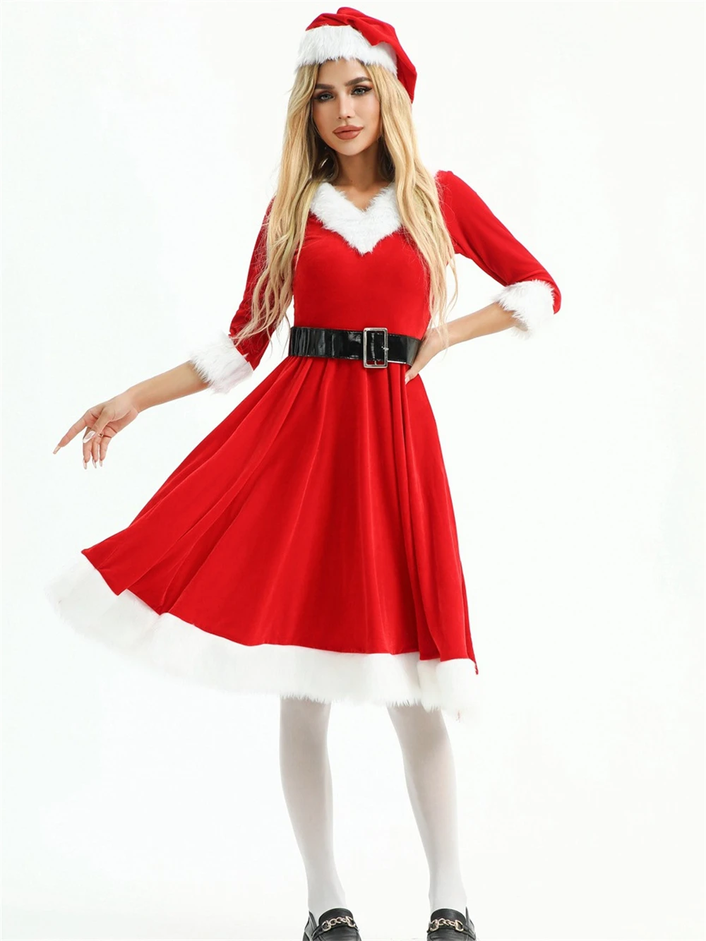 

Christmas Costume Adult Female Xmas Carnival Party Dress Hat Belt Suit Red Santa Claus Cosplay Clothes Women Performance Outfits