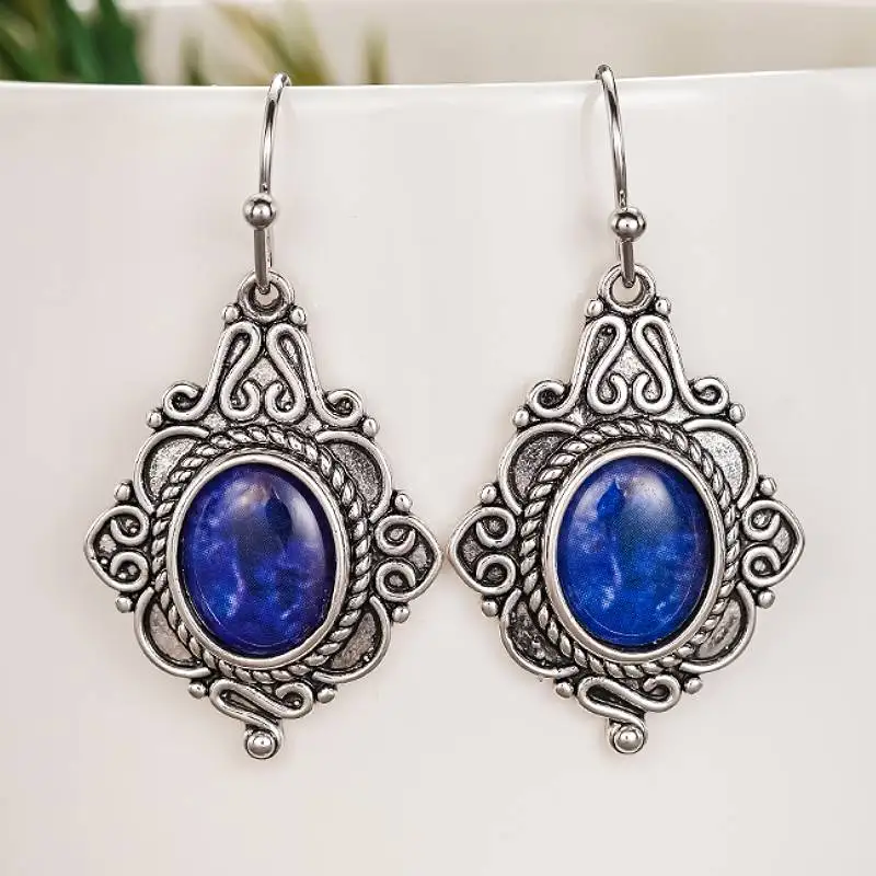 Huitan Speziell Designte Tropfenohrringe für Damen Vintage Party Hochzeit Accessoires Blauer Stein Bohemian Antik-Silber-Farbener Schmuck