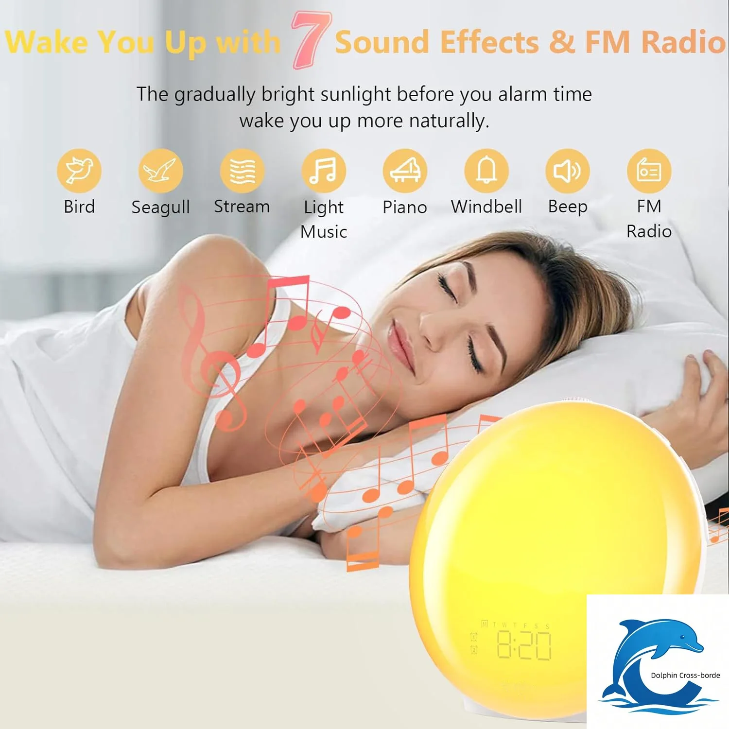 Colorful wake-up light simulation for sunrise and sunset, bedroom bedside white noise accompanied by night light