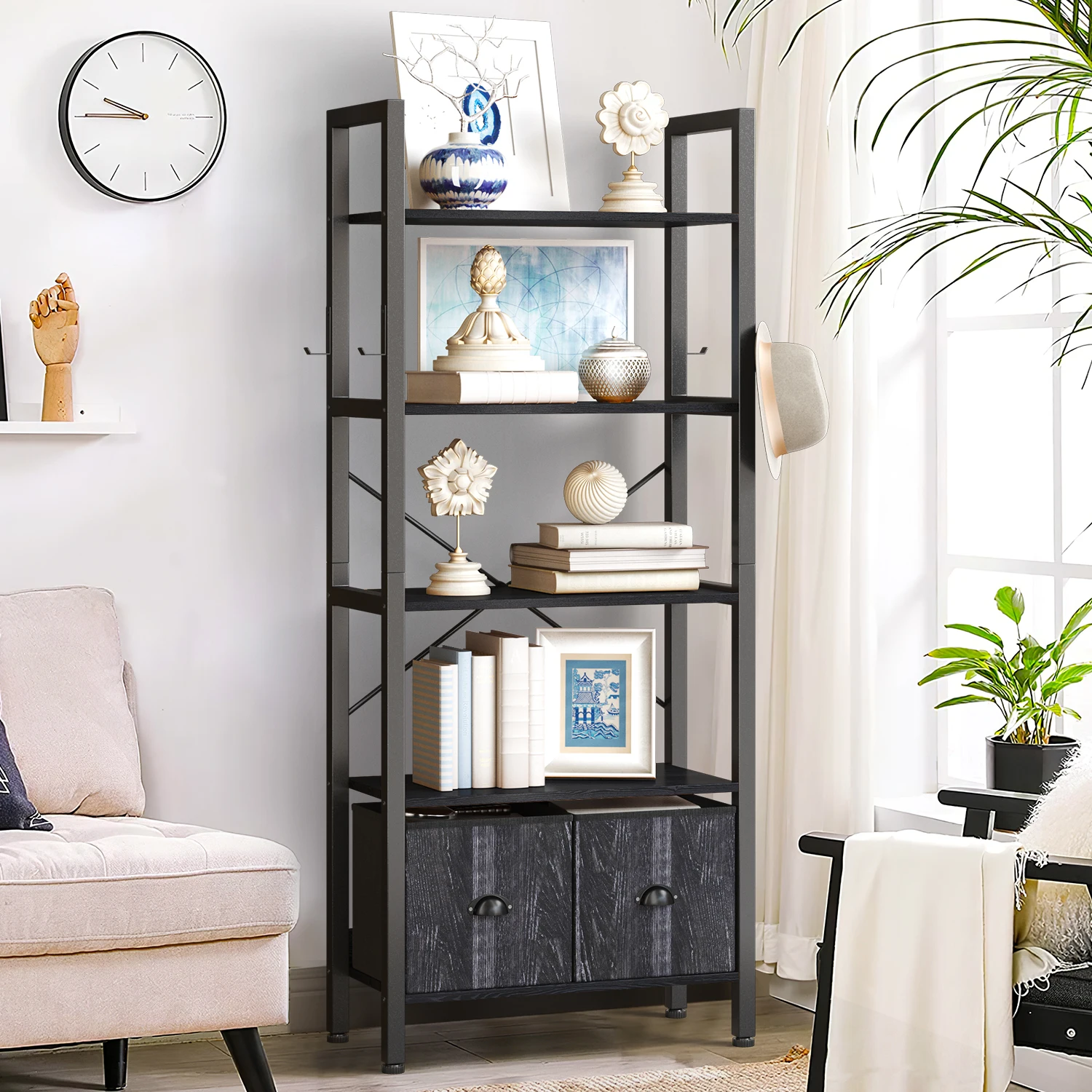 5-Tier Bookshelf with 2 Storage Drawers, Rustic Wood Storage Shelf with Metal Frame, Open Bookcases for Living Room, Bedroom