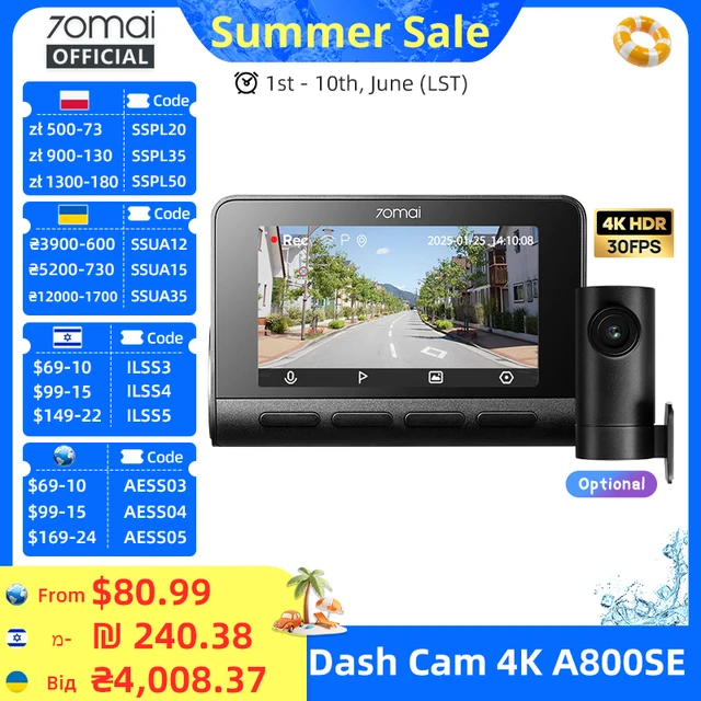 70mai A800SE 4K Rejestrator Samochodowy z Obsługą Kamery Tylnego lub Wewnętrznej, Tryb Parkowania 24H, GPS, ADAS, Ulepszona Wersja 70mai A800S