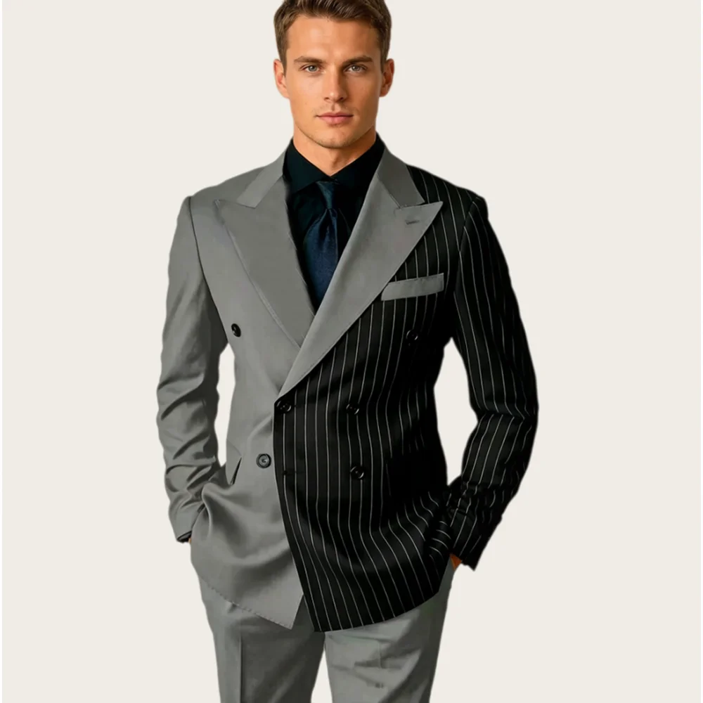 Grey Men's Suits Pinstripe 2 Pieces Tuxedo with Double Breasted Peaked Lapel for Wedding Party Office Business Blazer Customized