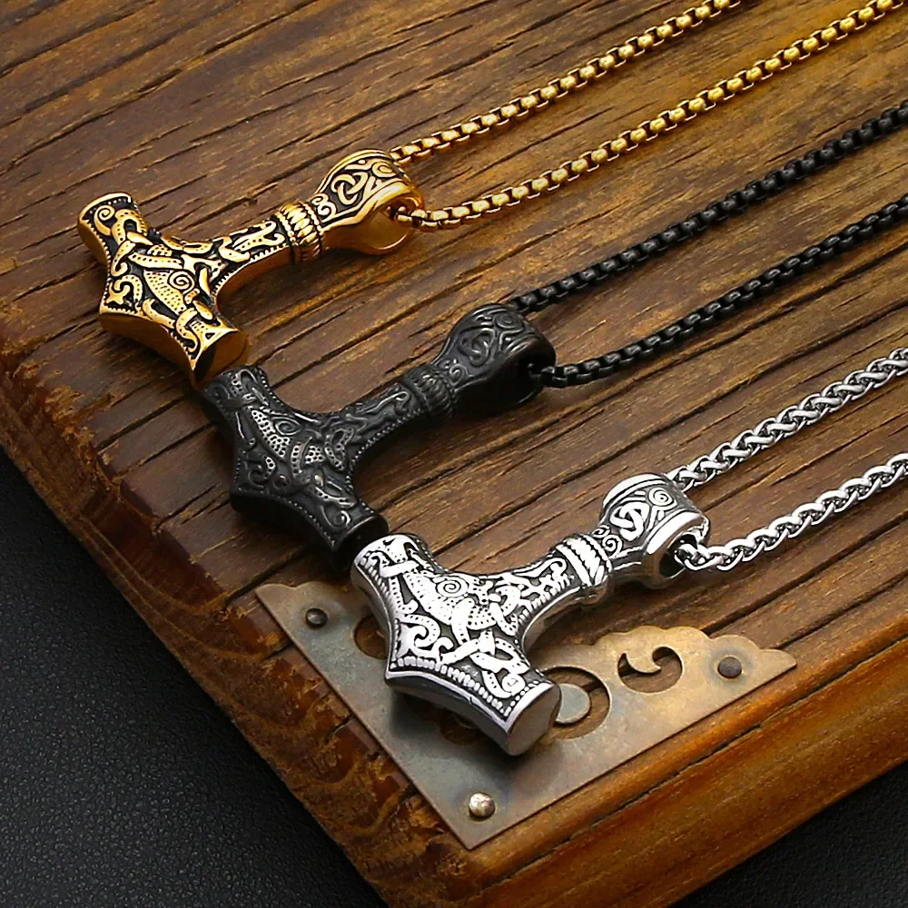 Viking Mjolnir Stainless Steel Pendant Necklace Thor Hammer With Celtic Knot Carving Unisex Norse Amulet Fashion Jewelry Gift