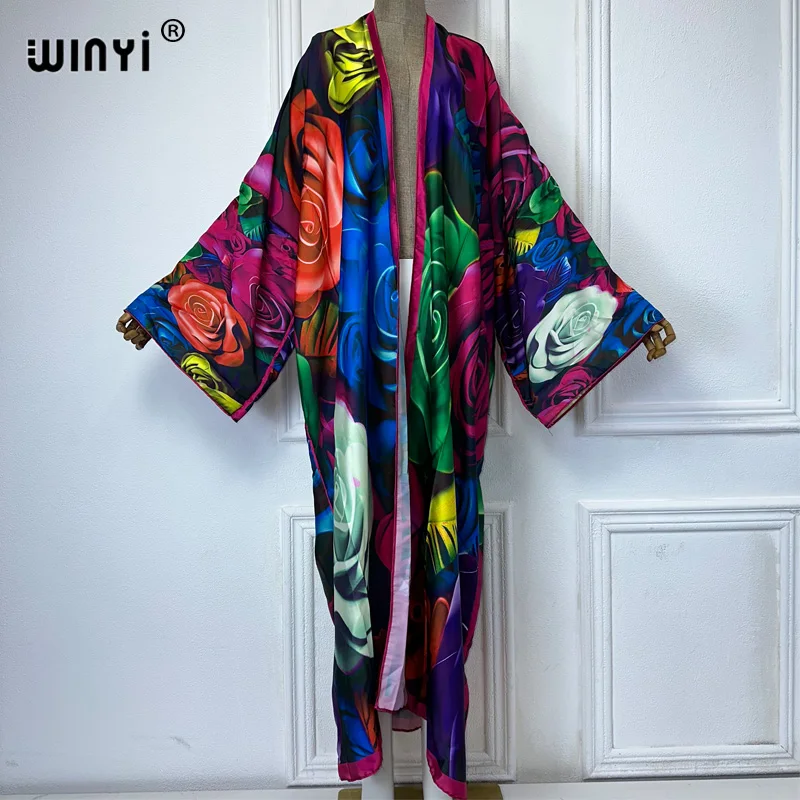 WINYI Africa Digital print Kimono african dresses for woman Cardigan beach outfits kaftan beach cover up evening dress maxi coat