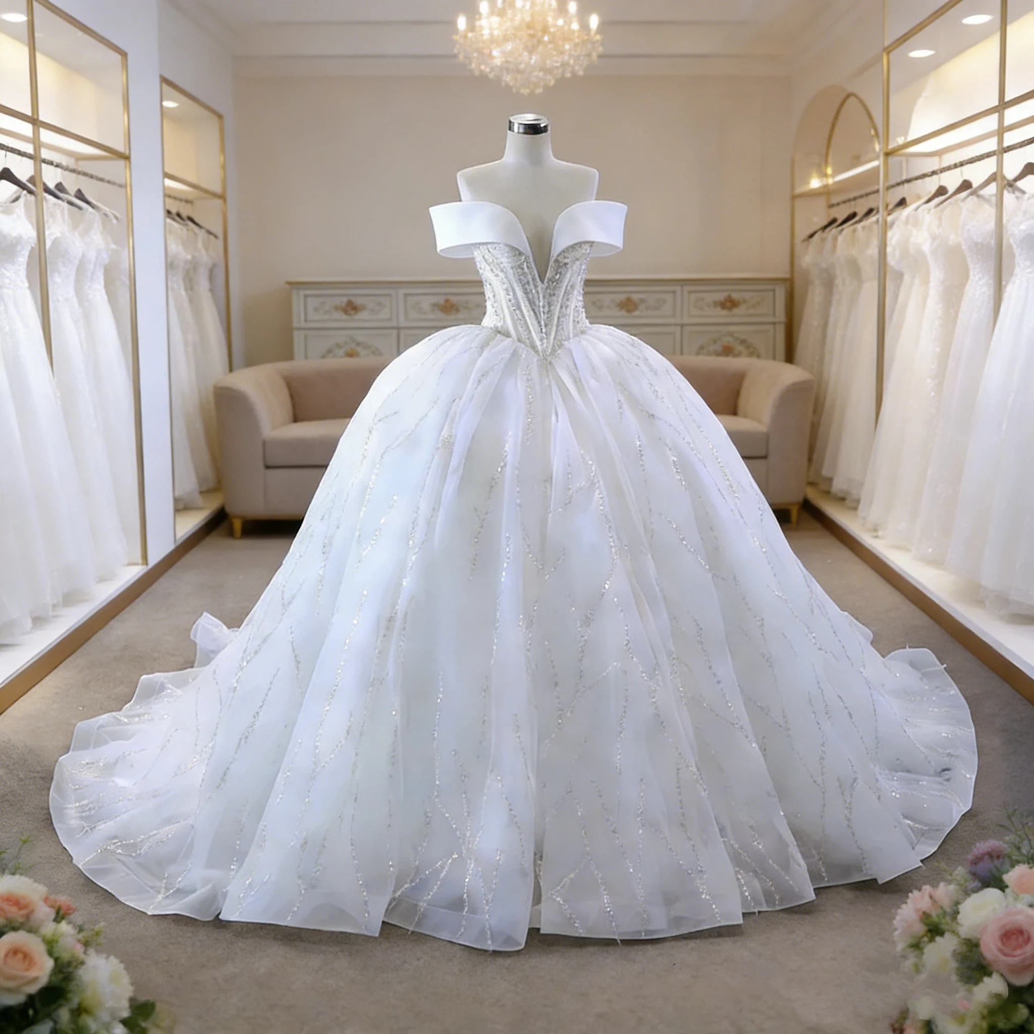 Luxurious Sparkling A-line Lace Crystal Bead Decoration Women's Wedding Dress Sexy Deep V-neck Ball Bridal Dress Customized