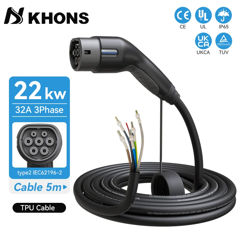 khons EV Charger Type2 Female Car Side 5m Cable 32A 22KW Car Charging Station 3Phase 11KW 22KW IEC62196-2 For Electric Car