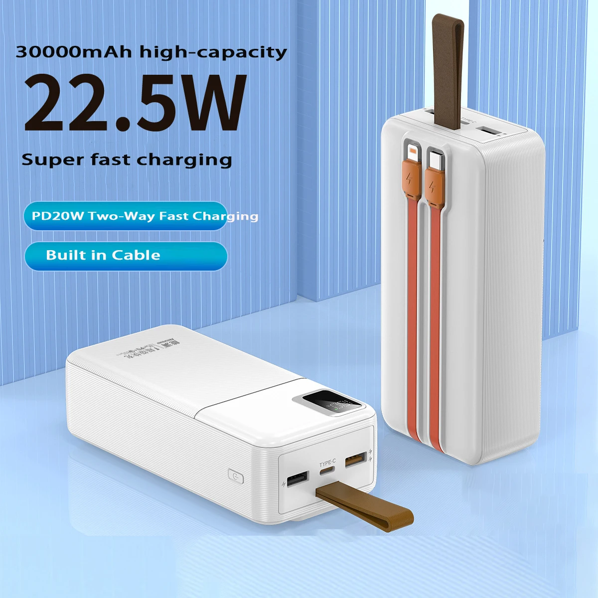 

Power Bank Portable Charger With Cables 30000mAh 22.5W Digital Display Powerbank For iPhone 15 Xiaomi Samsung Huawei PowerBank