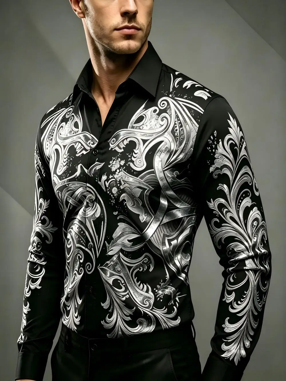 Men's retro printed long sleeved button up shirt, casual business party daily wear all year round, wrinkle resistant slim fit to