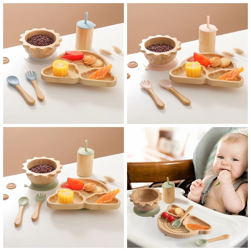 

Bamboo Wooden Cloud Dinner Plate Baby Feeding Bowl Spoon Fork Cup Silicone Suction Plate Tableware Set Baby Feeding Accessories