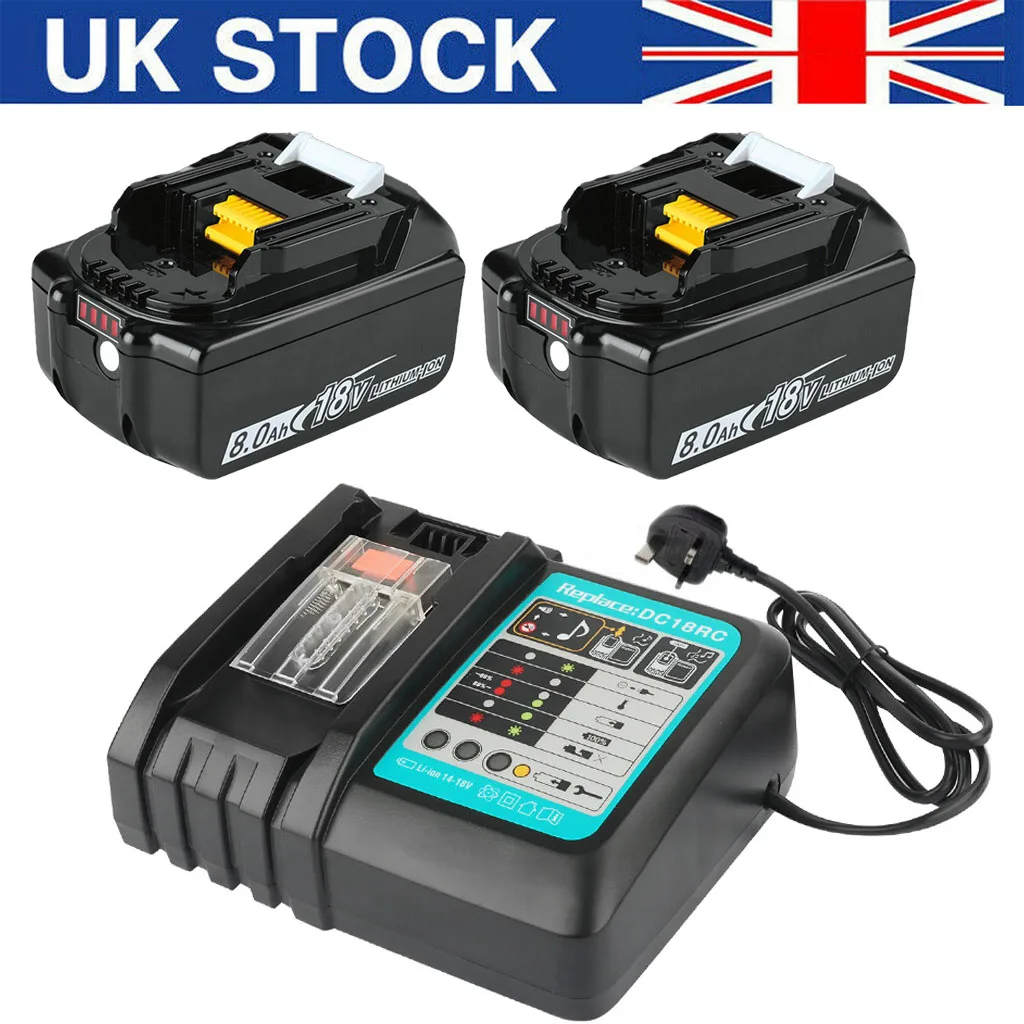 2 Pack 18V 8.0Ah Lithium Battery with DC18RC Charger Compatible with Makita 14.4V - 18V LXT Battery Charger Replacement Battery Combo Kit Replacement for Makita Pin BL1830 BL1840 BL1850 BL1860 BL1430