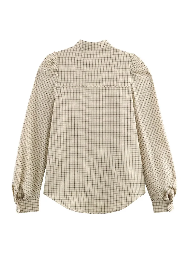 

HH Woman New Elegant Long Sleeves Single-breasted Bow Decoration Shirt Female Autumn Slim Fit Loose Lapel Leisure Plaid Blouse