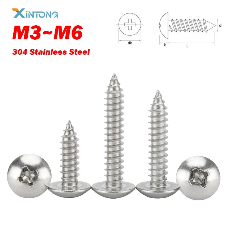 316 Stainless Steel  M3~M6 Phillips Recessed Truss Head Self-tapping Screw / Mushroom Head Phillips Wood Screw Length 6-100mm