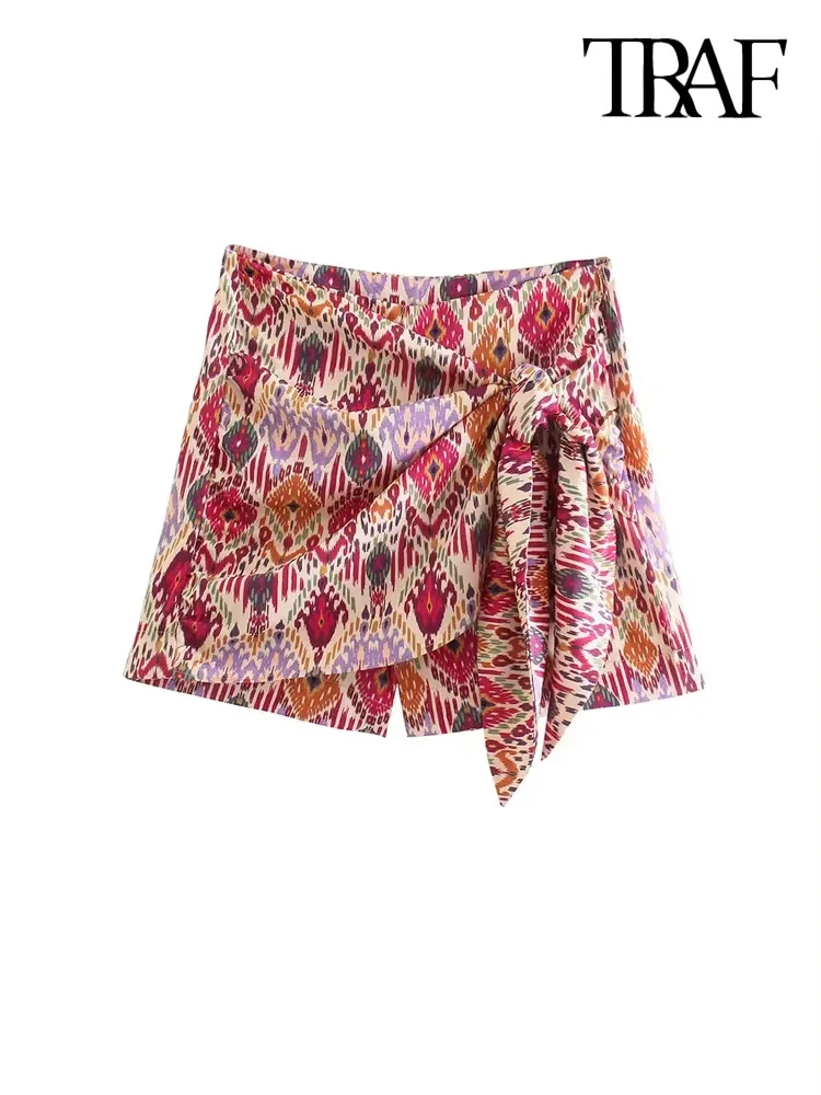 TRAF Women Fashion With Knotted Totem Print Shorts Skirts Vintage High Waist Side Zipper Female Skirts Mujer