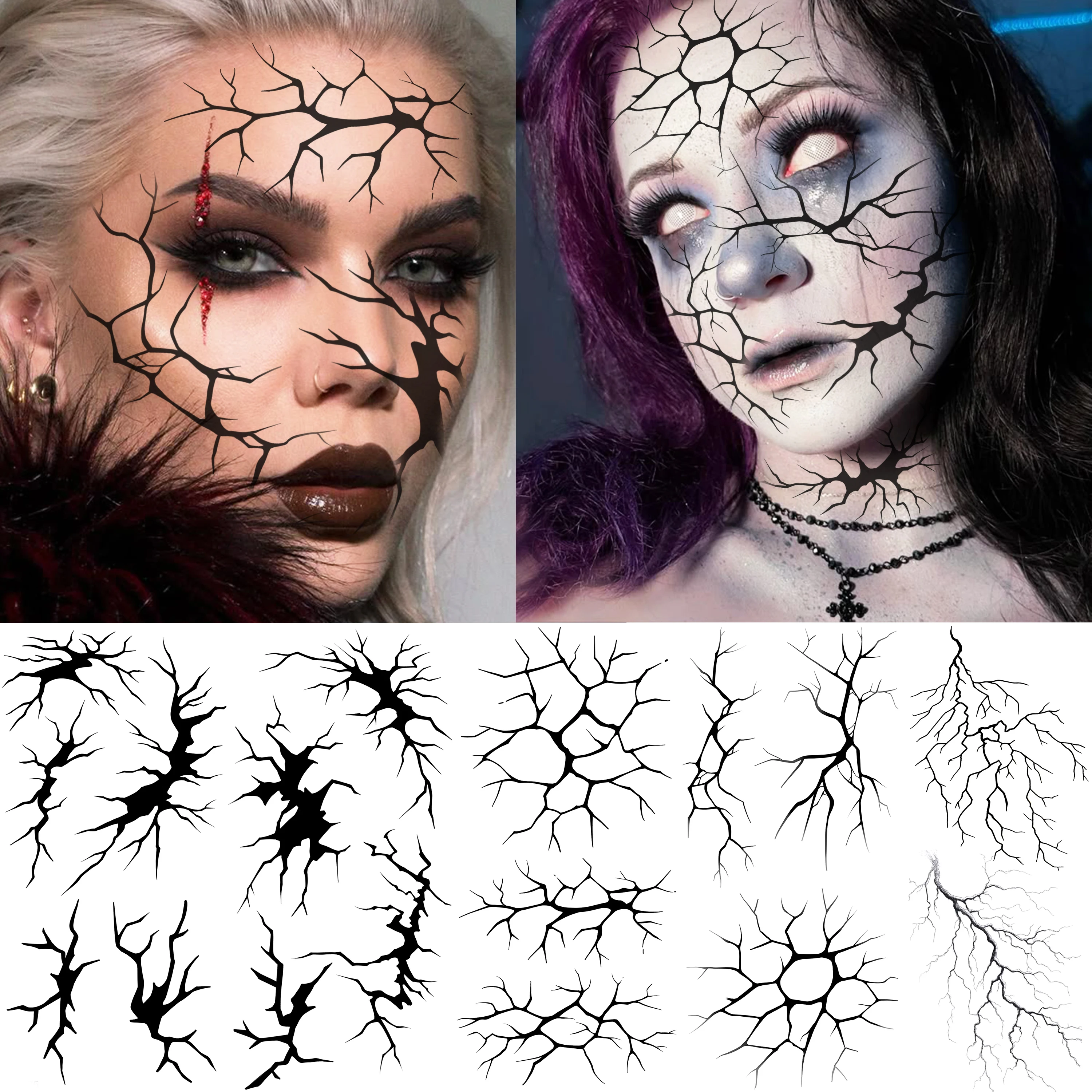 6 Sheets Scary Spider Crack Lightning Bolt Stitch Mouth Halloween Face Temp Tattoos, Last Long Waterproof Realistic Fake Tattoos