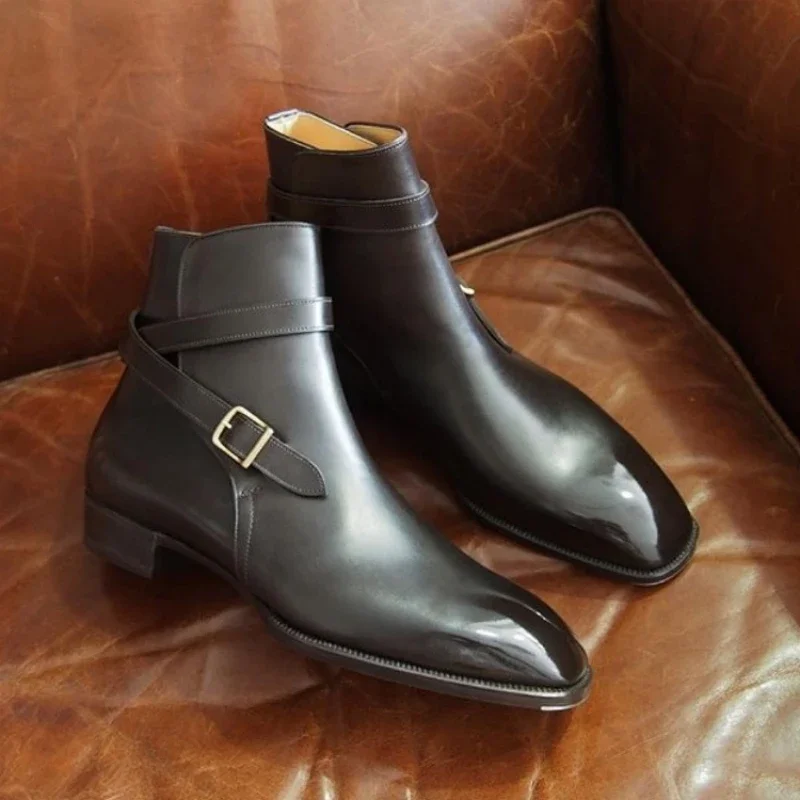 New Red Buckle Men\'s Boots Black Brown Ankle Boots Square Toe Business Handmade Men Shoes Bottes Pour Hommes