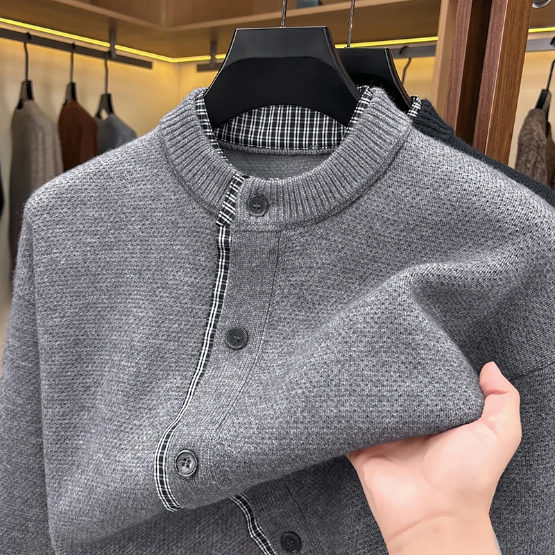 Luxury fake two-piece knitted men's coat autumn winter comfort warm round neck casual fashion plaid new button sweater cardigan