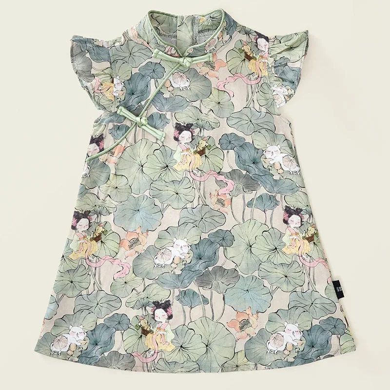 

Summer Kids Girls Clothes Chinese Style Cheongsam Fashion Cute Flowers Print Sleeveless Cotton Baby Dresses Princess Dress B052