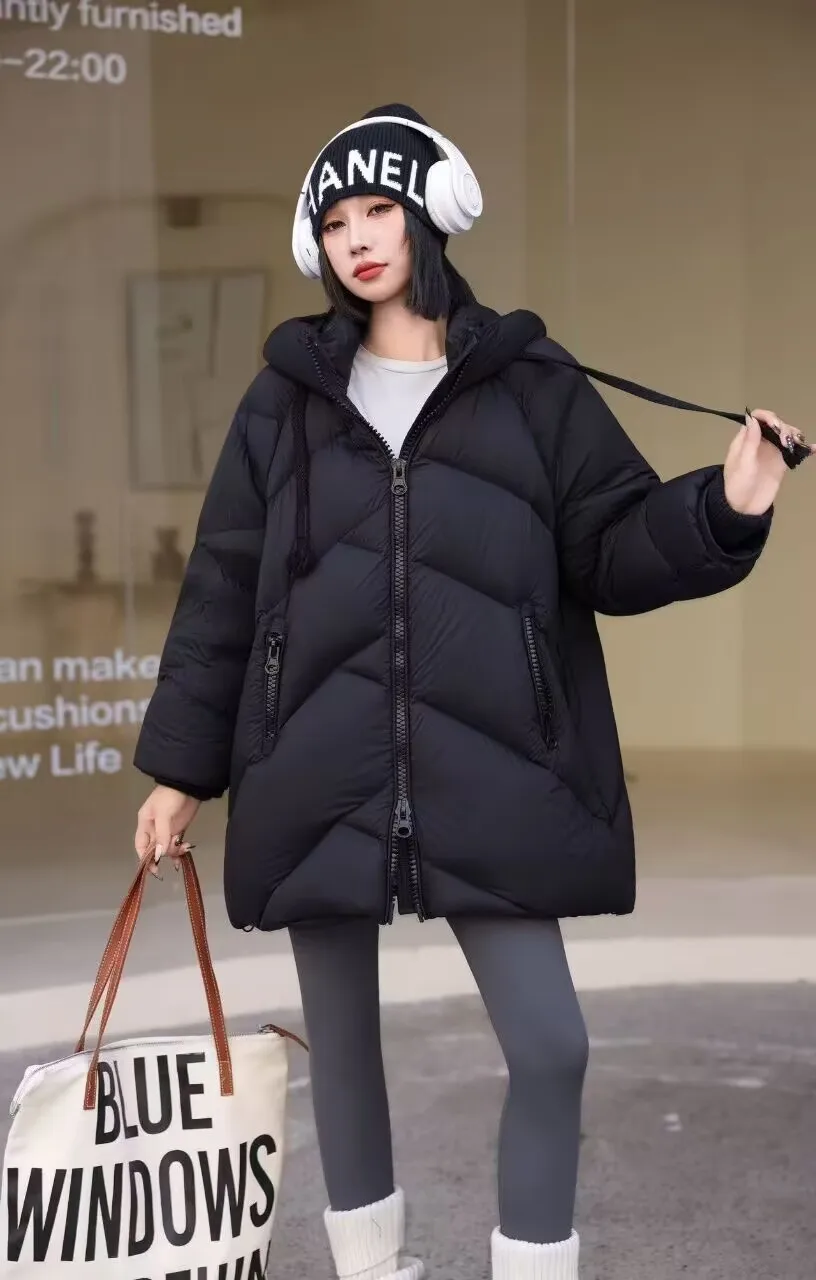 Winter Mid-length Diamond Hooded Down Jacket Women White Duck Down Warm Thick Outwears Female Double Zipper Parker Down Jacket