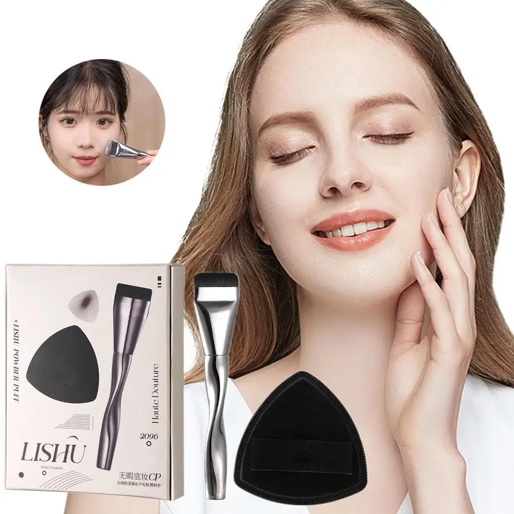 Lishu Foundation-Pinsel mit flachem Kopf und schwarzem Make-up-Puff-Mixer-Schwamm, ultradünner Kopf, spurloses Concealer-Applikator-Werkzeug