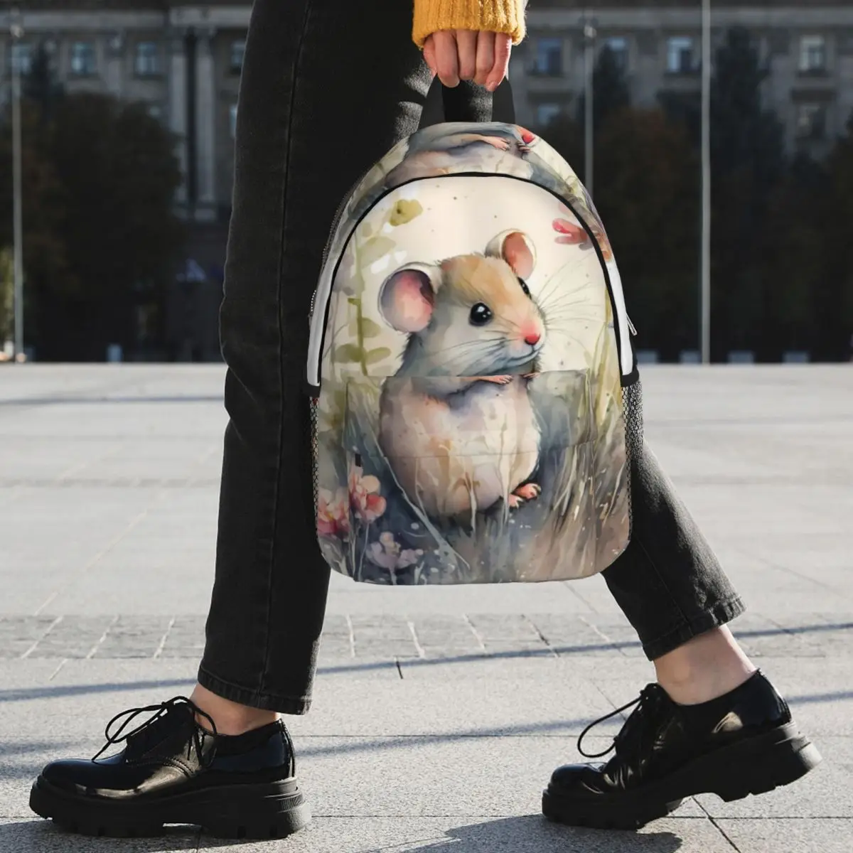 Cartoon Rat And Plant Watercolor Painting Backpack Student BookBag Children School Bag Computer Shoulder Bags for Men Women